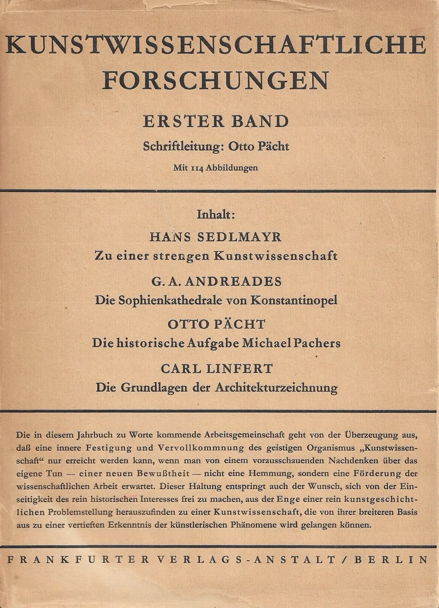 Schutzumschlag des ersten Bandes der Kunstwissenschaftlichen Forschungen, Schriftleitung Otto Pächt, mit Inhaltsverzeichnis