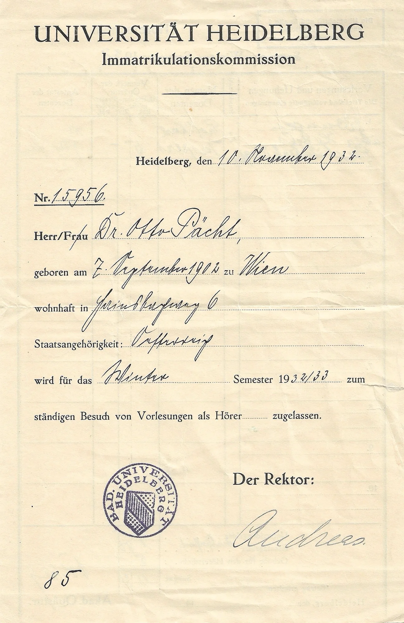 Universität Heidelberg, Zulassung, 1932