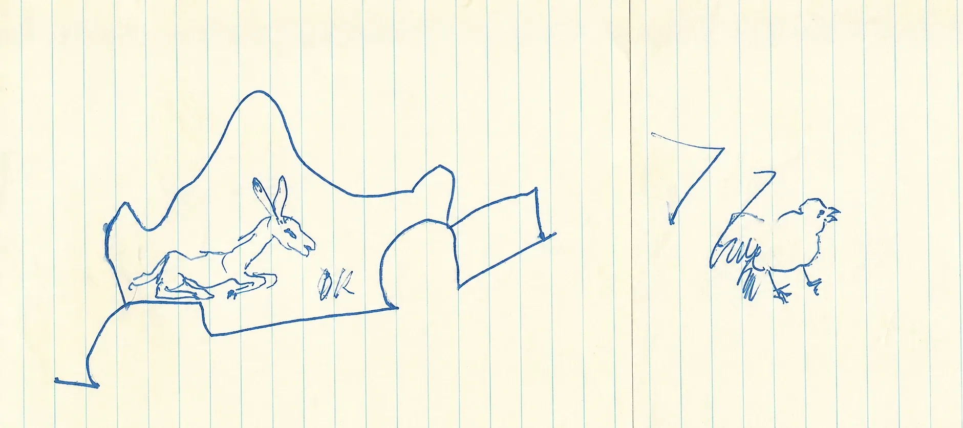 Zeichnungen von Oskar Kokoschka in blauer Tinte auf liniertem Papier: ein liegender Esel vor einer Landschaft, signiert „OK“, daneben ein Küken