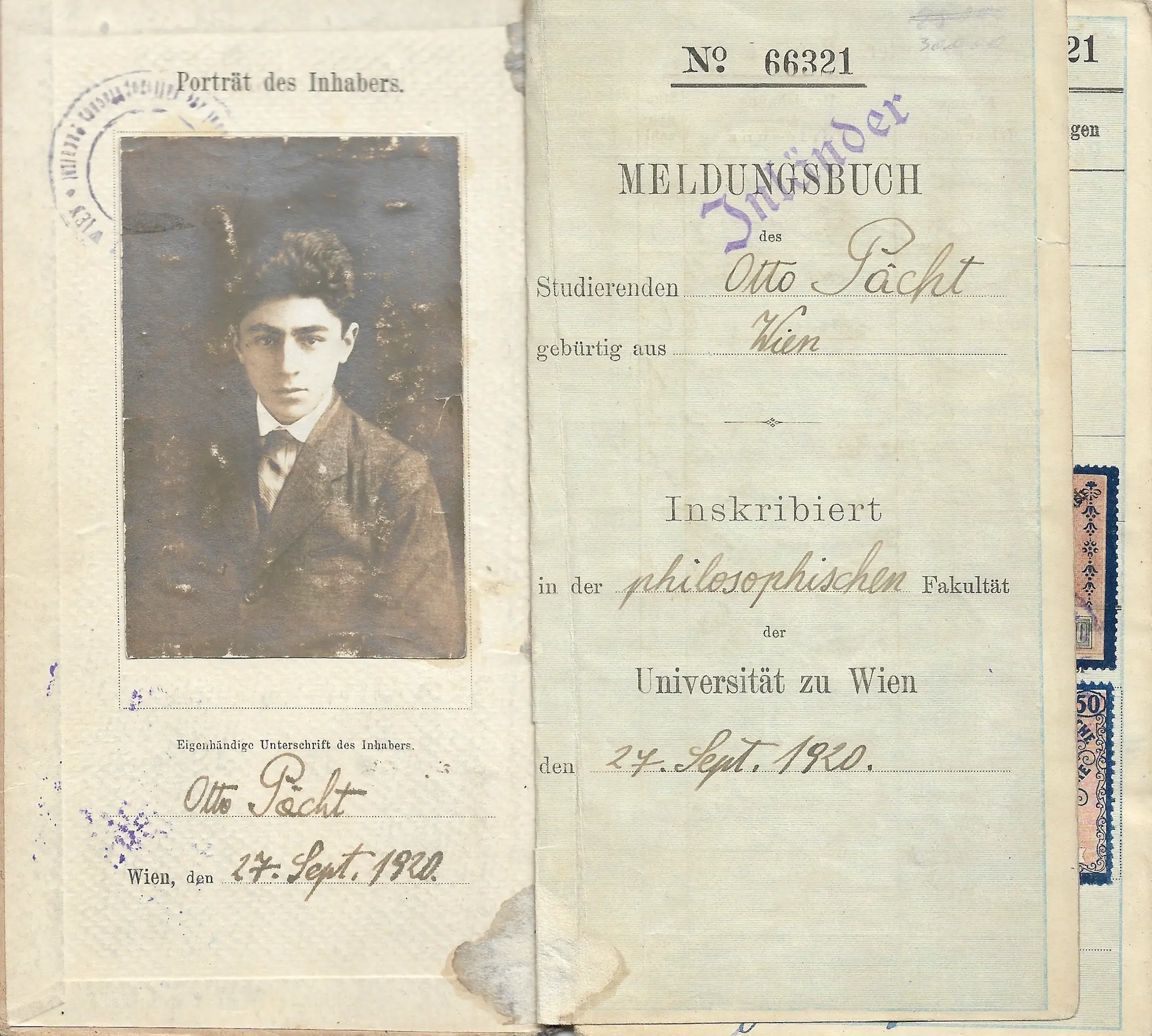 Meldungsbuch der Universität Wien, 1920