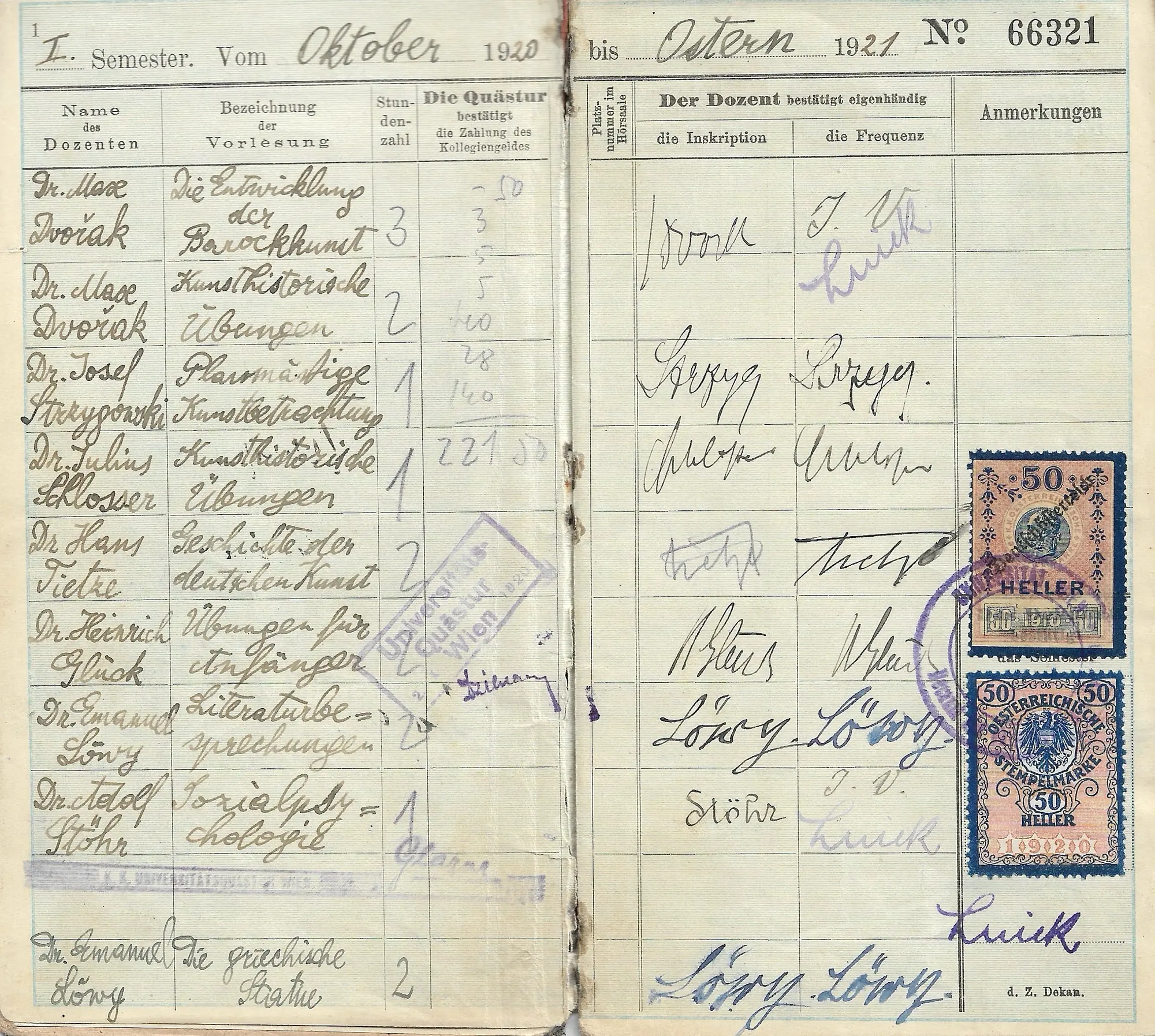 Meldungsbuch, I. Semester 1920/21