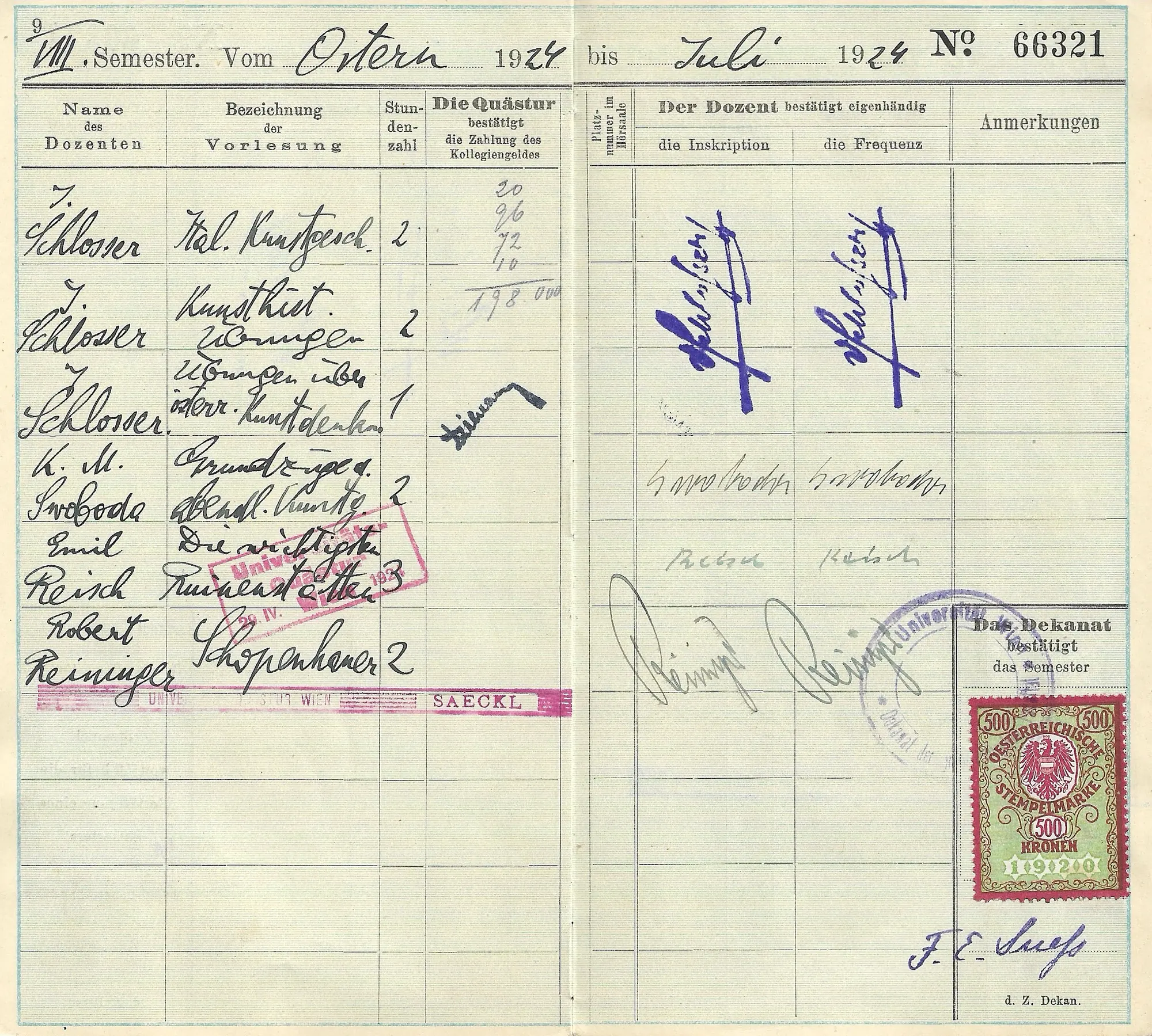 Meldungsbuch, VIII. Semester 1924