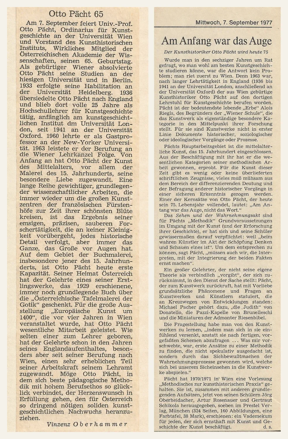 Zwei Zeitungsartikel zum 65. und zum 75. Geburtstag Otto Pächts