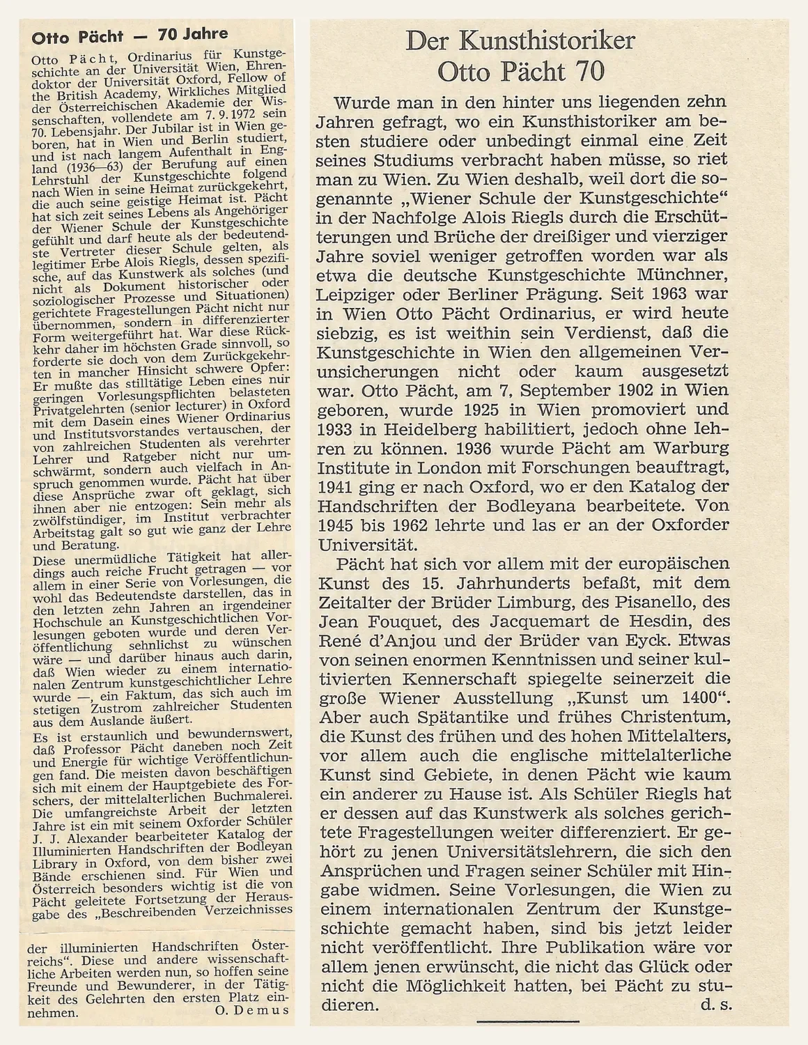 Zwei Zeitungsartikel zum 70. Geburtstag Otto Pächts