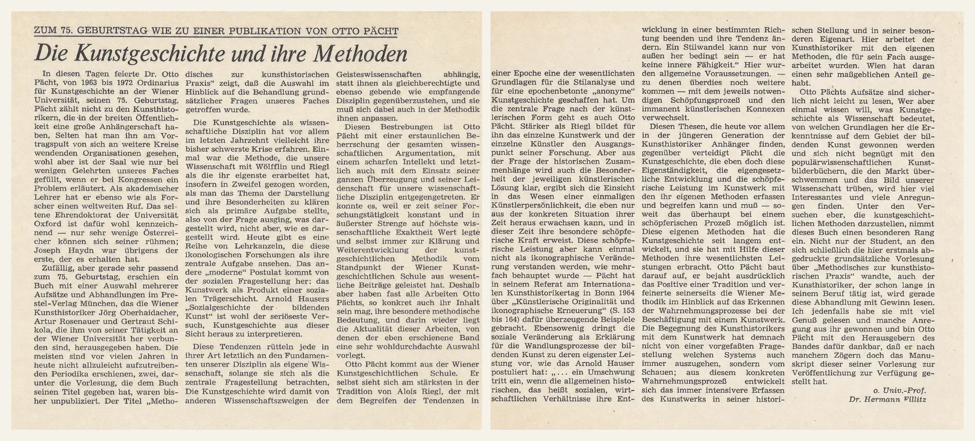 Zeitungsartikel von Hermann Fillitz zum 75. Geburtstag Otto Pächts