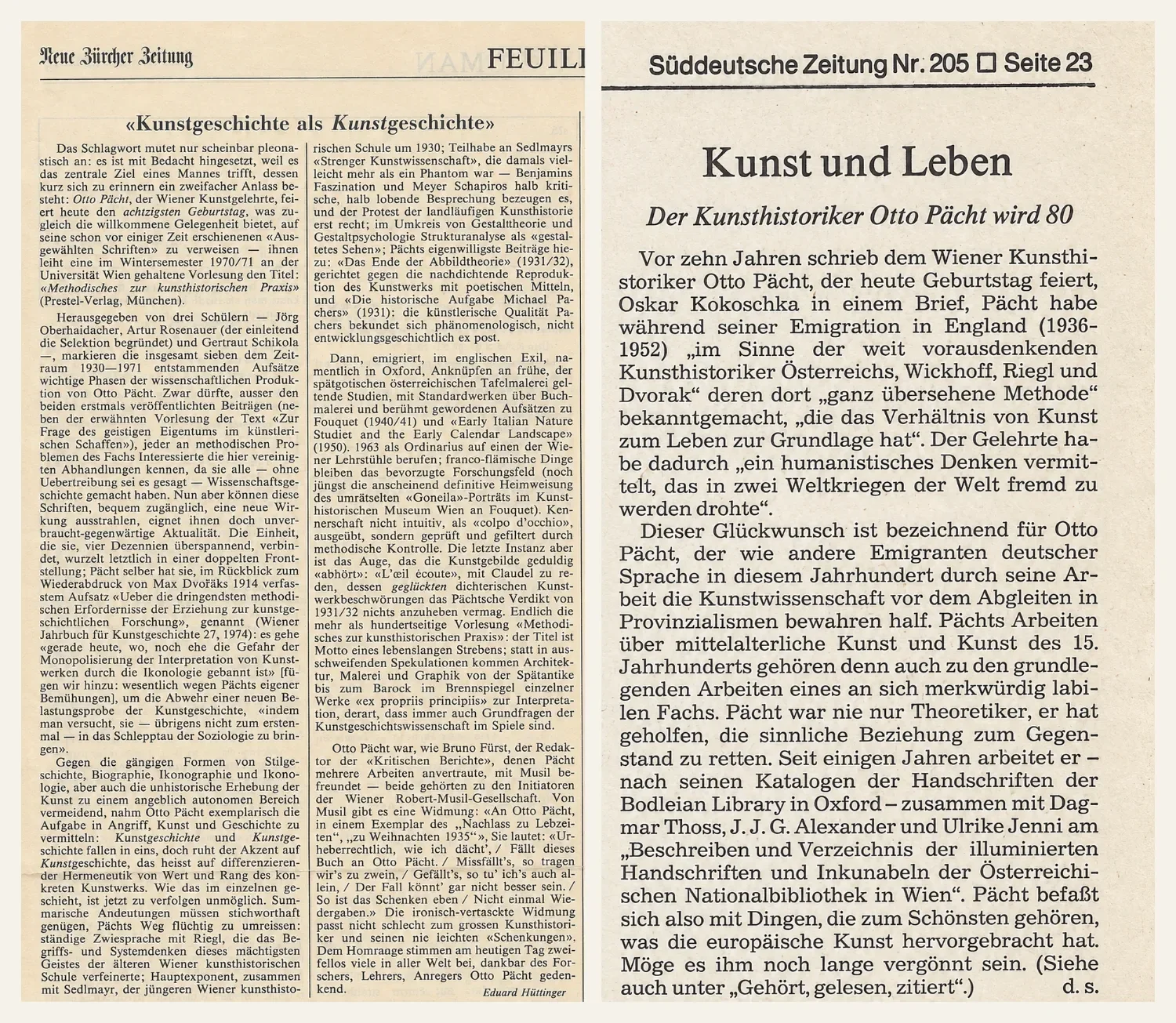 Zwei Zeitungsartikel zum 80. Geburtstag Otto Pächts