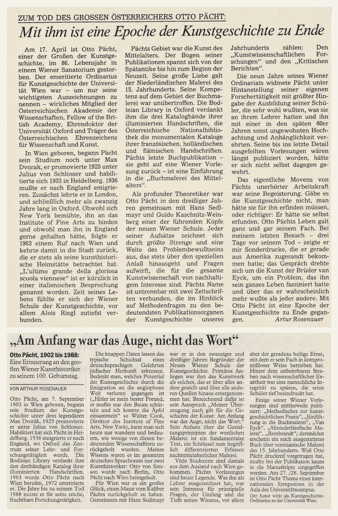 Nachruf von Artur Rosenauer, 1988, und Artikel zum 100. Geburtstag Otto Pächts, 2002
