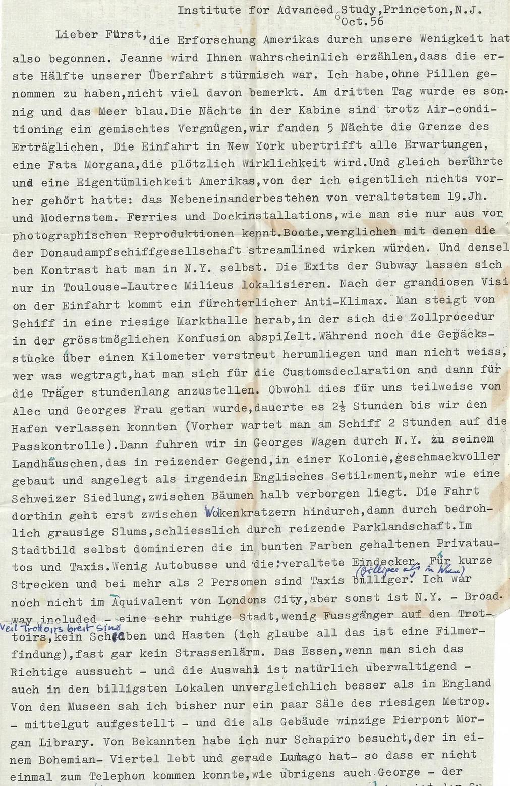 Maschinenschriftlicher Brief von Otto Pächt an Bruno Fürst, Princeton, 1956, Seite 1