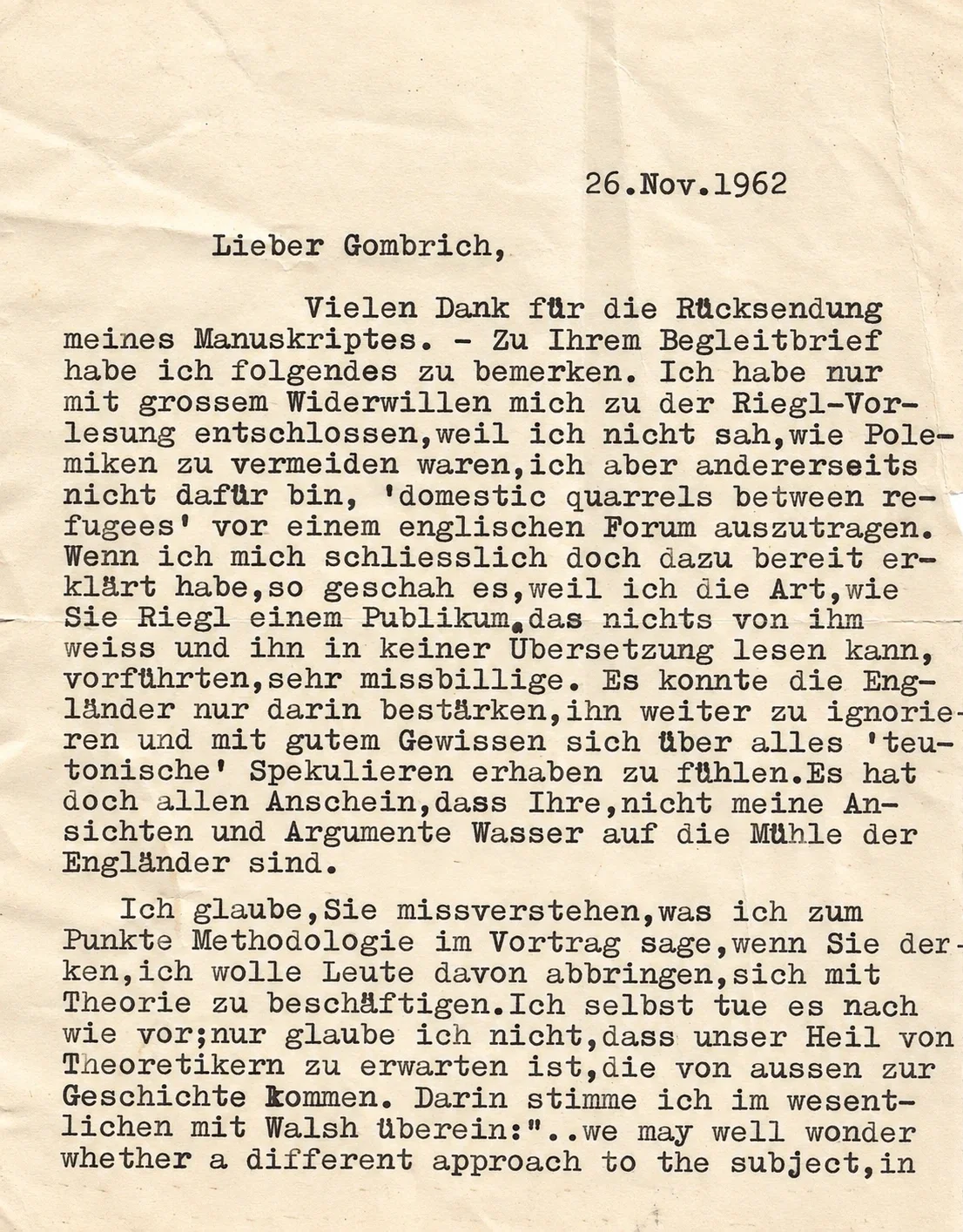 Maschinenschriftlicher Brief von Otto Pächt an Ernst Gombrich, 1962, Seite 1